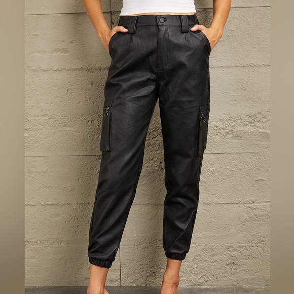 KanCan Pants - Kancan High Waist Faux Leather Cargo Joggers 9/28